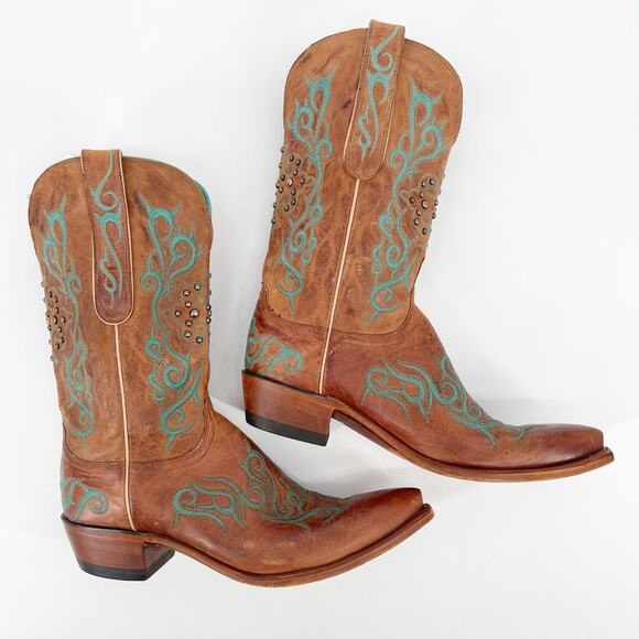 Lucchese Women’s 11 Cognac Leather Teal Stitch Studded Pointed Toe Cowgirl Boots - Picture 3 of 12